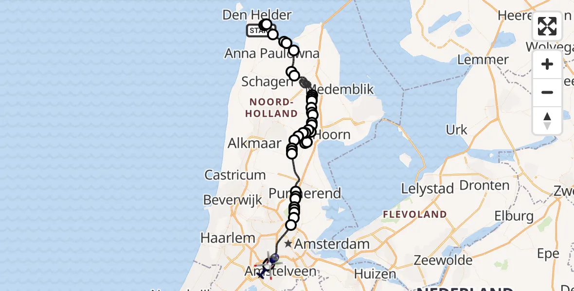 Routekaart van de vlucht: Politiehelikopter naar Amsterdam Vliegveld Schiphol, Amsterdam Vliegveld Schiphol