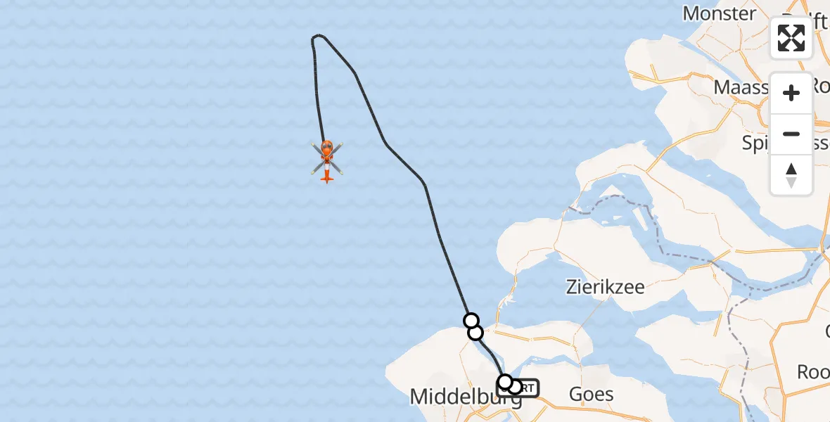 Routekaart van de vlucht: Kustwachthelikopter naar Noordzee, Noordzee