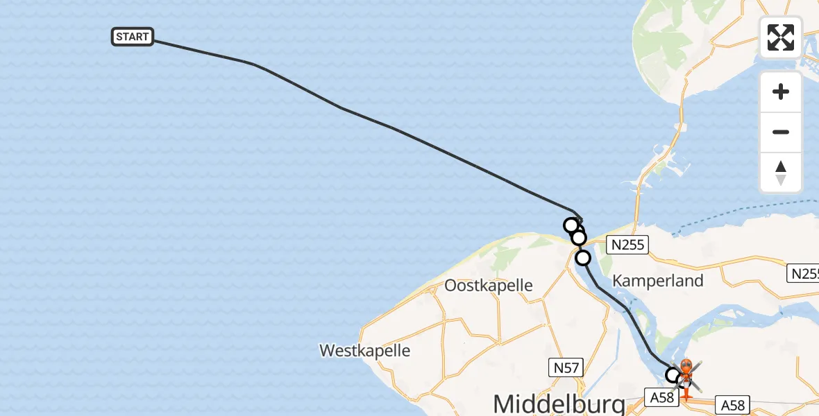 Routekaart van de vlucht: Kustwachthelikopter naar Vliegveld Midden-Zeeland, Vliegveld Midden-Zeeland