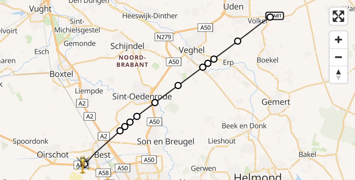 Routekaart van de vlucht: Lifeliner 3 naar Oirschot, Rijksweg A58