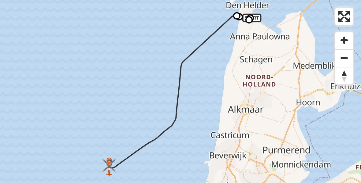 Routekaart van de vlucht: Kustwachthelikopter naar Noordzee, Noordzee