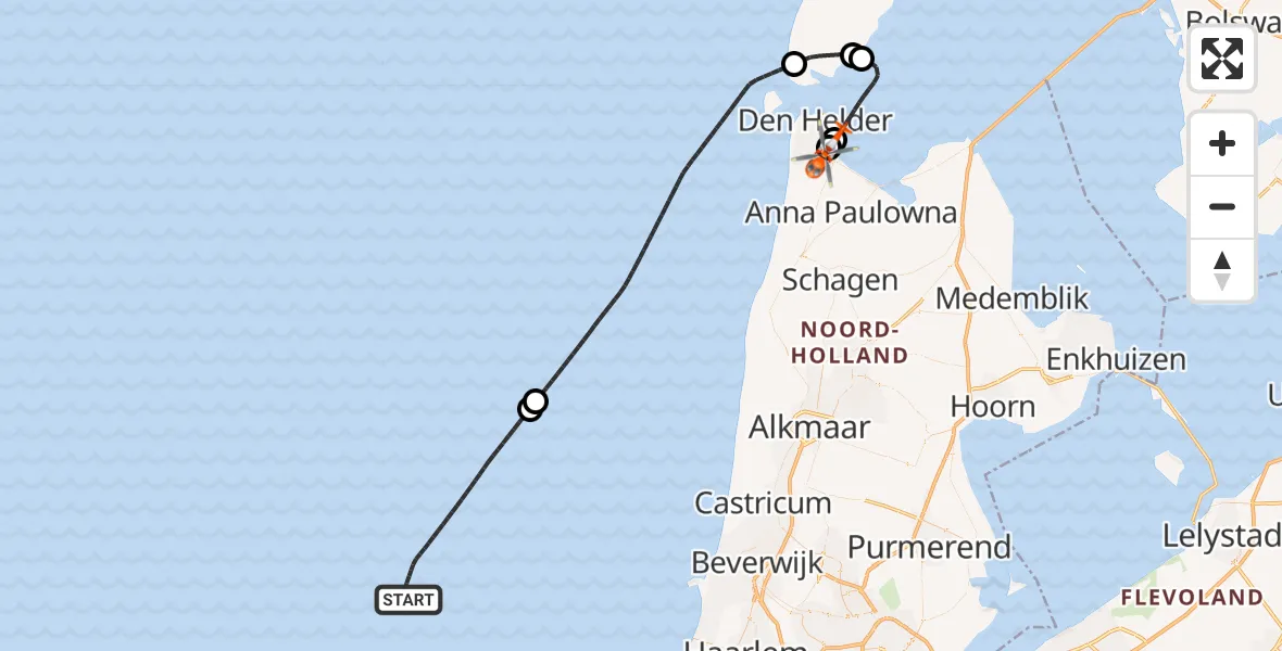Routekaart van de vlucht: Kustwachthelikopter naar Militair vliegveld De Kooy / Den Helder Airport, Militair vliegveld De Kooy / Den Helder Airport