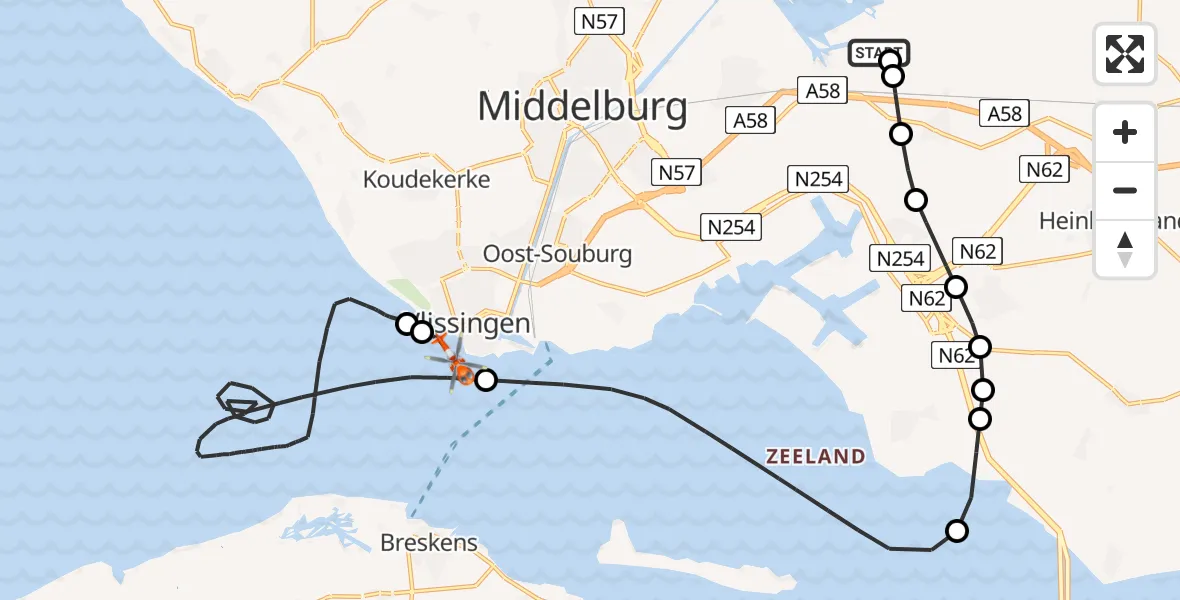 Routekaart van de vlucht: Kustwachthelikopter naar Noordzee, Noordzee