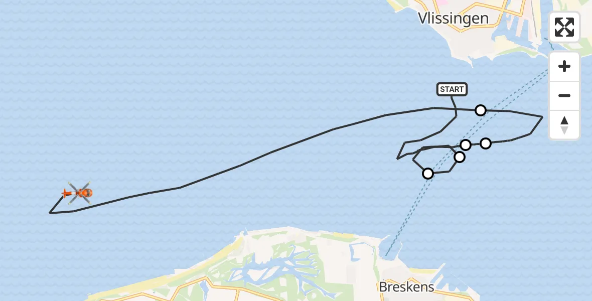 Routekaart van de vlucht: Kustwachthelikopter naar Noordzee, Noordzee