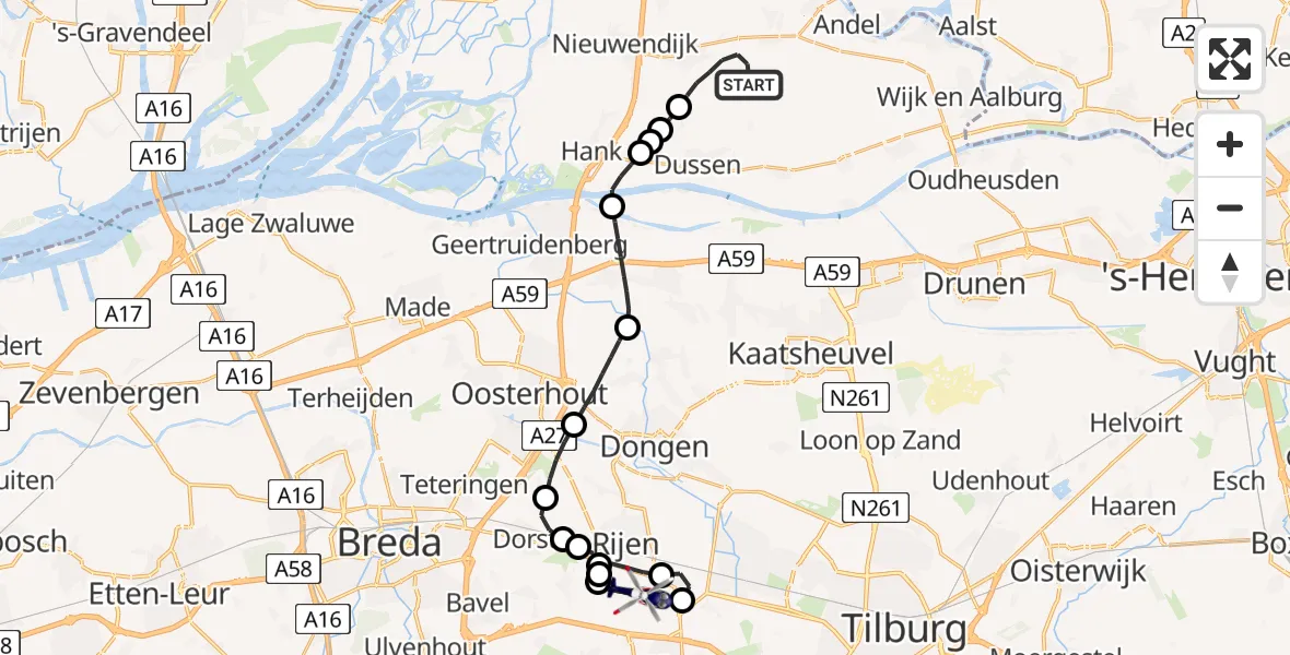 Routekaart van de vlucht: Politiehelikopter naar Vliegbasis Gilze Rijen, Vliegbasis Gilze Rijen