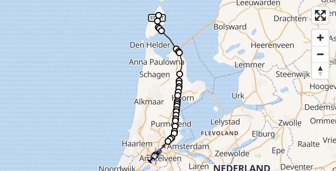 Routekaart van de vlucht: Politiehelikopter naar Amsterdam Vliegveld Schiphol, Amsterdam Vliegveld Schiphol