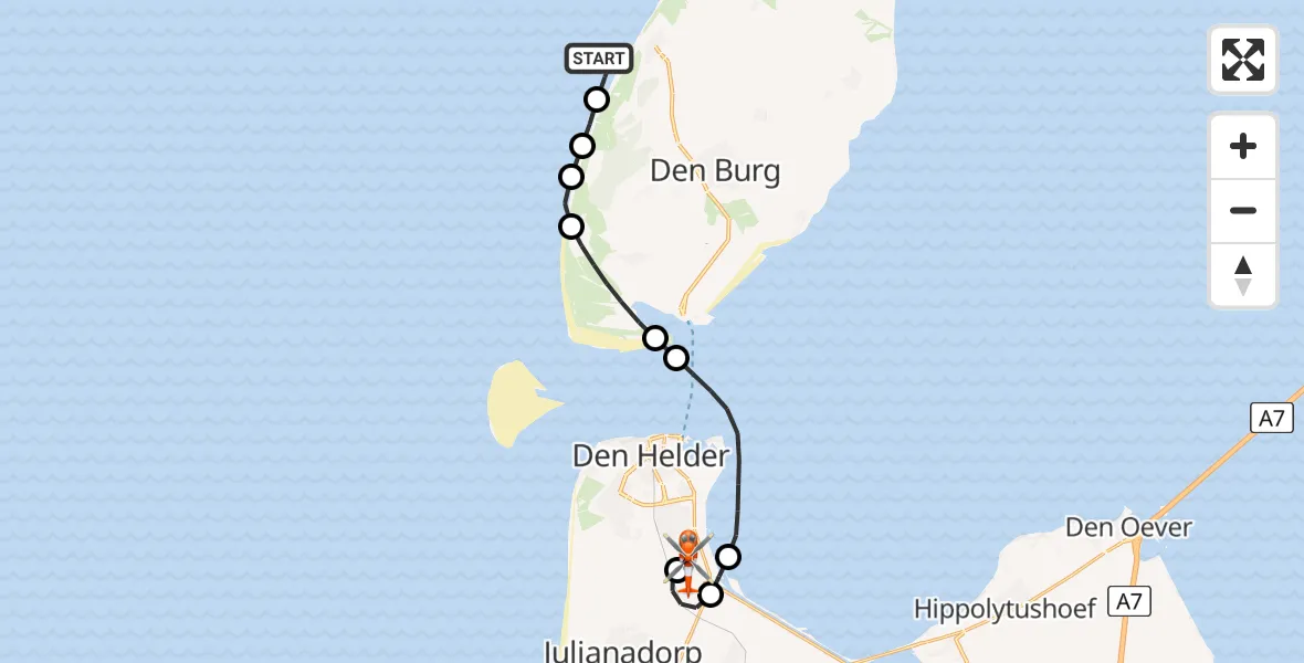 Routekaart van de vlucht: Kustwachthelikopter naar Militair vliegveld De Kooy / Den Helder Airport, Militair vliegveld De Kooy / Den Helder Airport
