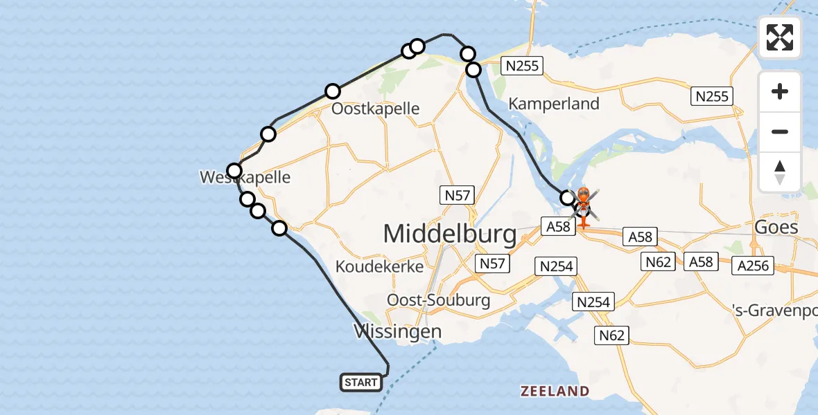 Routekaart van de vlucht: Kustwachthelikopter naar Vliegveld Midden-Zeeland, Vliegveld Midden-Zeeland