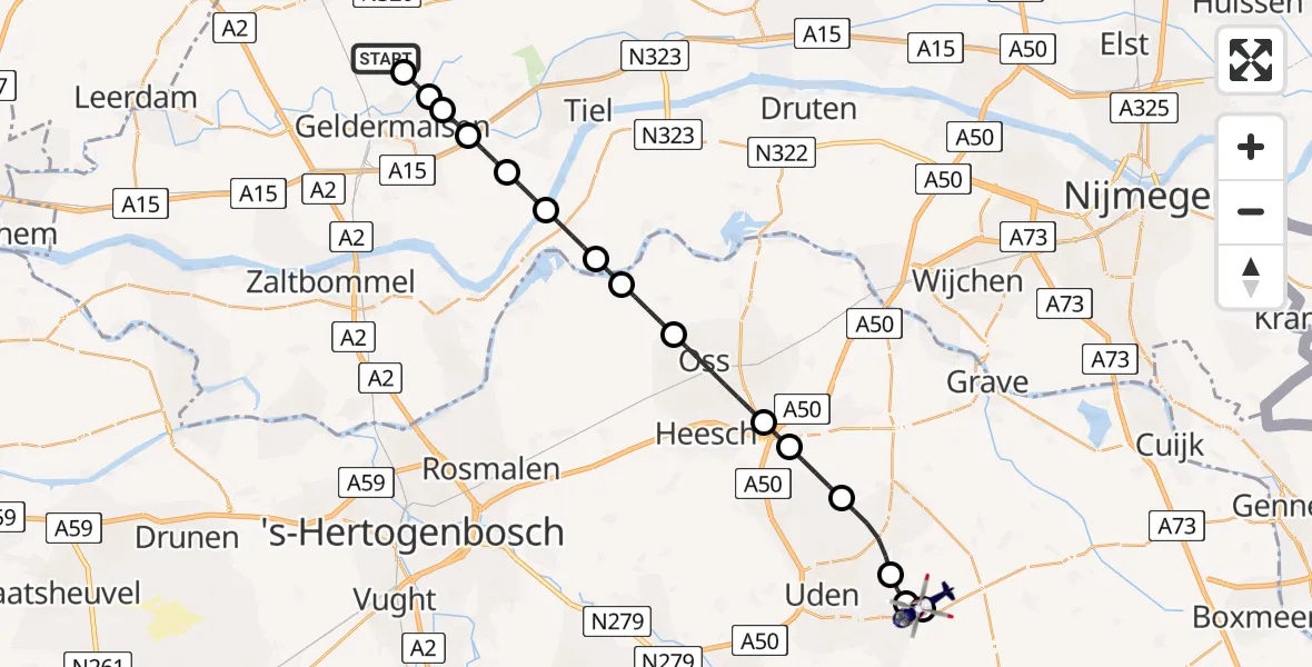 Routekaart van de vlucht: Politiehelikopter naar Vliegbasis Volkel, Vliegbasis Volkel