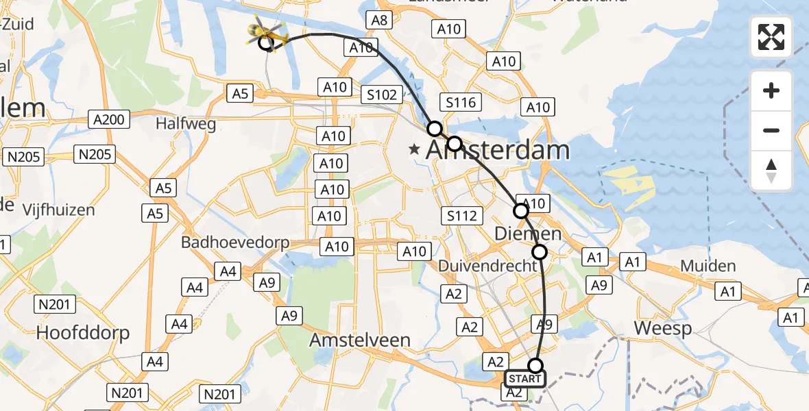 Routekaart van de vlucht: Lifeliner 1 naar Amsterdam Heliport, Amsterdam Heliport