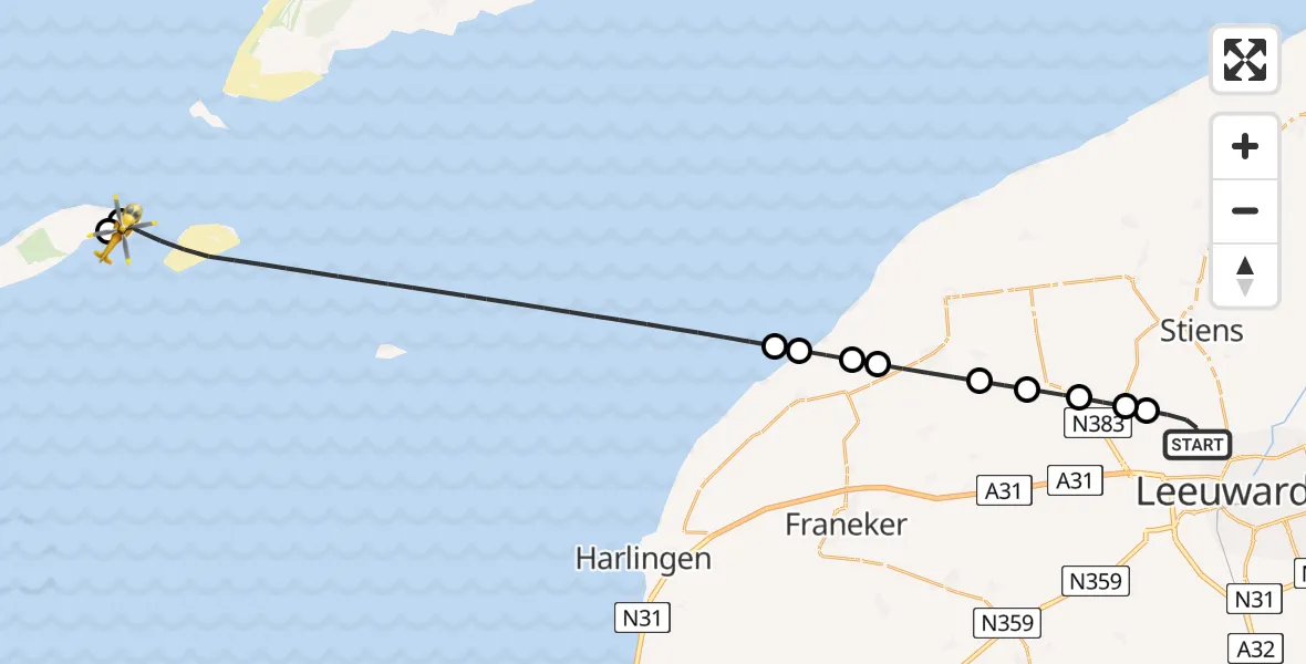 Routekaart van de vlucht: Ambulancehelikopter naar Vlieland Heliport, Vlieland Heliport