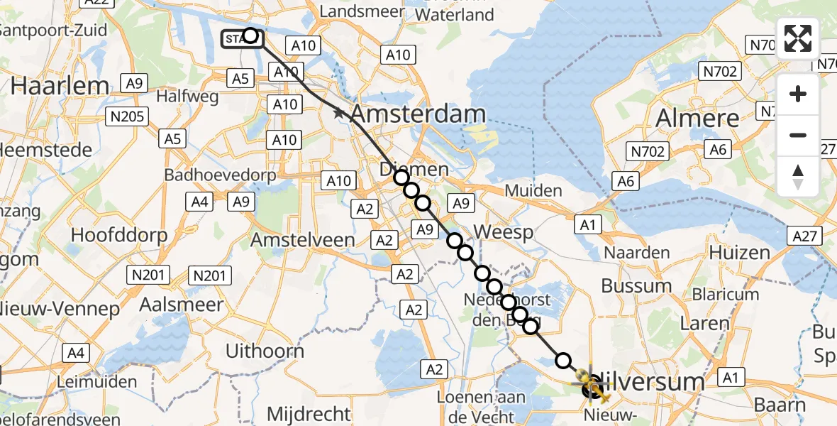 Routekaart van de vlucht: Lifeliner 1 naar 's-Graveland, Zuidereinde