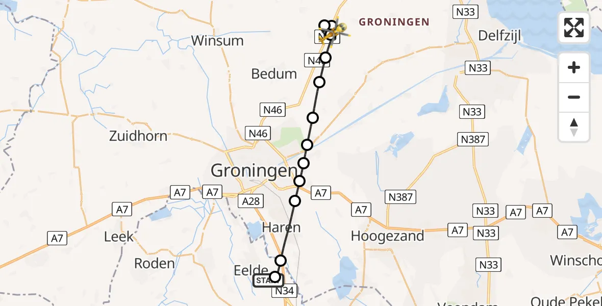 Routekaart van de vlucht: Lifeliner 4 naar Stedum, Delleweg