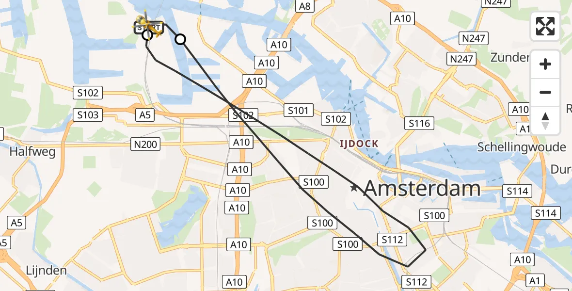 Routekaart van de vlucht: Lifeliner 1 naar Amsterdam Heliport, Amsterdam Heliport