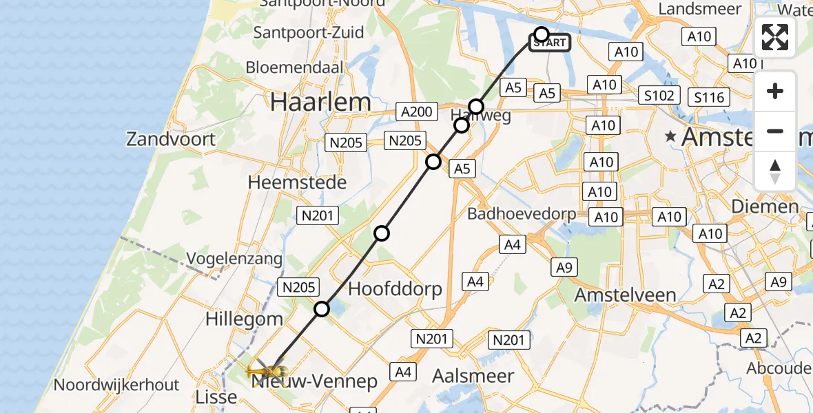 Routekaart van de vlucht: Lifeliner 1 naar Nieuw-Vennep, IJweg