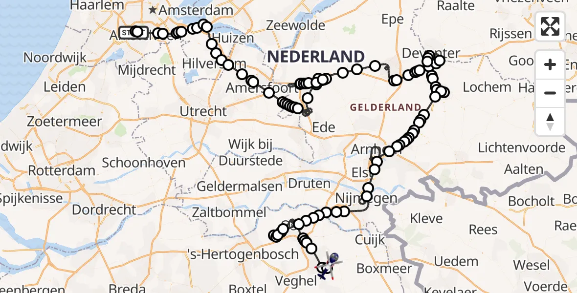 Routekaart van de vlucht: Politiehelikopter naar Vliegbasis Volkel, Vliegbasis Volkel