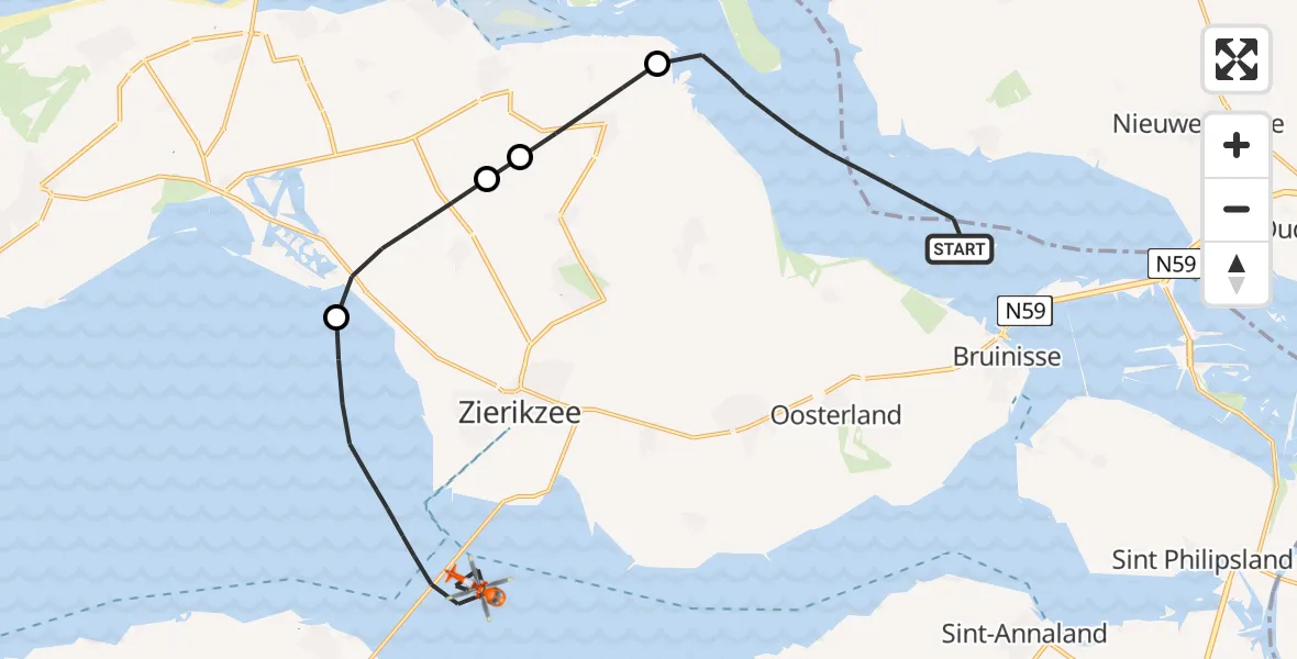 Routekaart van de vlucht: Kustwachthelikopter naar Oosterschelde, Oosterschelde