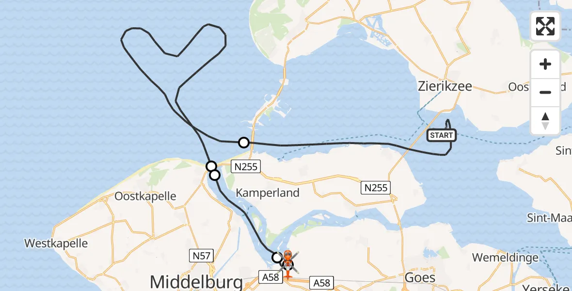 Routekaart van de vlucht: Kustwachthelikopter naar Vliegveld Midden-Zeeland, Vliegveld Midden-Zeeland