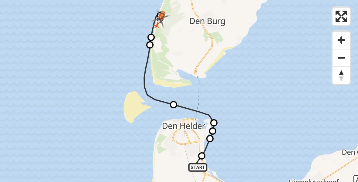 Routekaart van de vlucht: Kustwachthelikopter naar Den Burg, Westerslag
