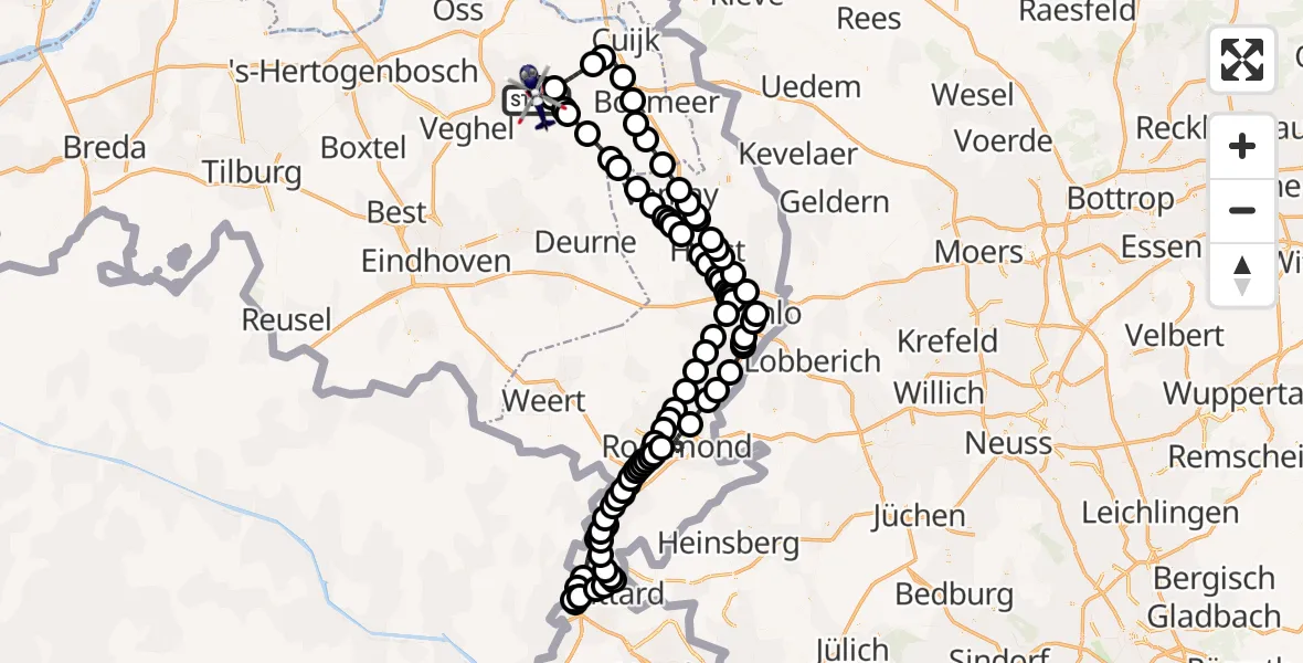 Routekaart van de vlucht: Politiehelikopter naar Vliegbasis Volkel, Vliegbasis Volkel