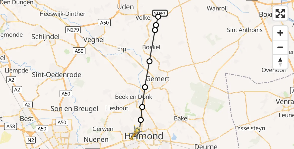 Routekaart van de vlucht: Lifeliner 3 naar Helmond, President Rooseveltlaan