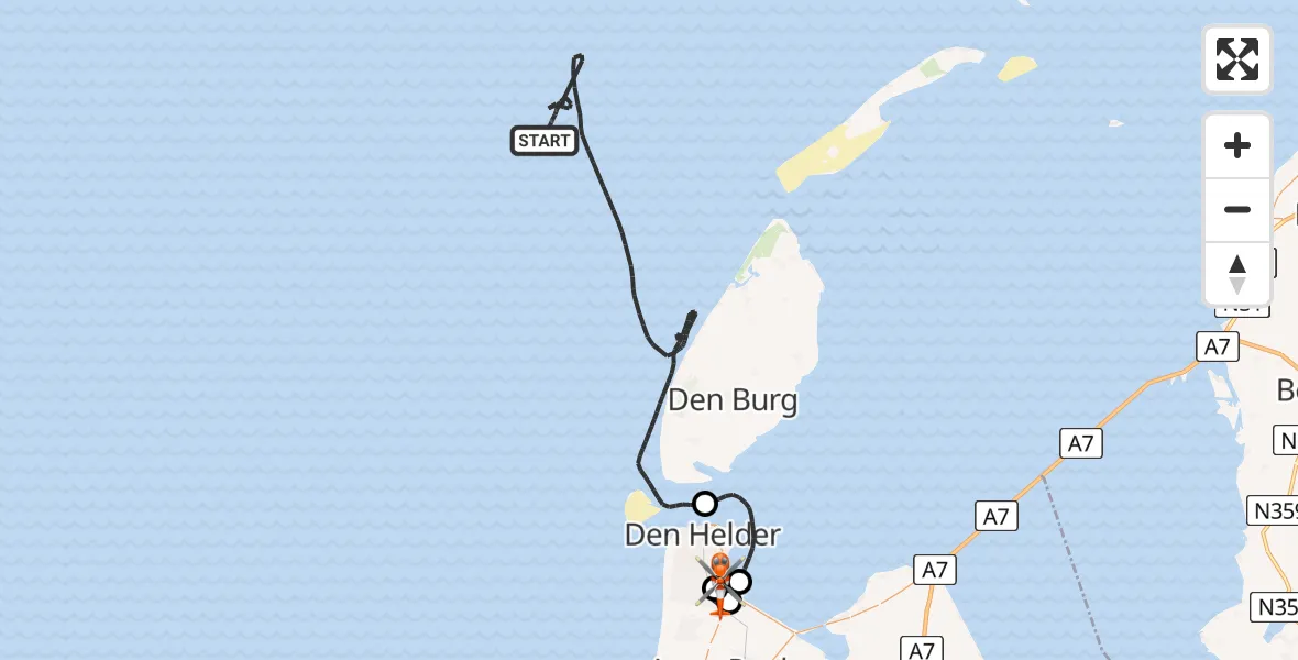 Routekaart van de vlucht: Kustwachthelikopter naar Militair vliegveld De Kooy / Den Helder Airport, Militair vliegveld De Kooy / Den Helder Airport
