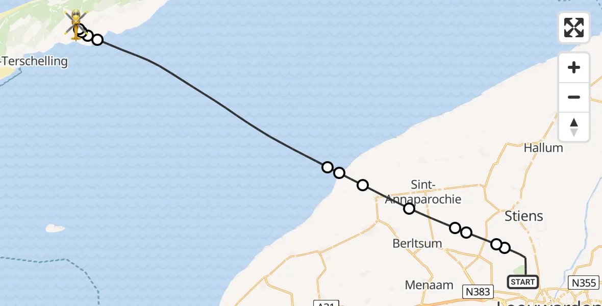 Routekaart van de vlucht: Ambulancehelikopter naar Terschelling Heliport, Terschelling Heliport