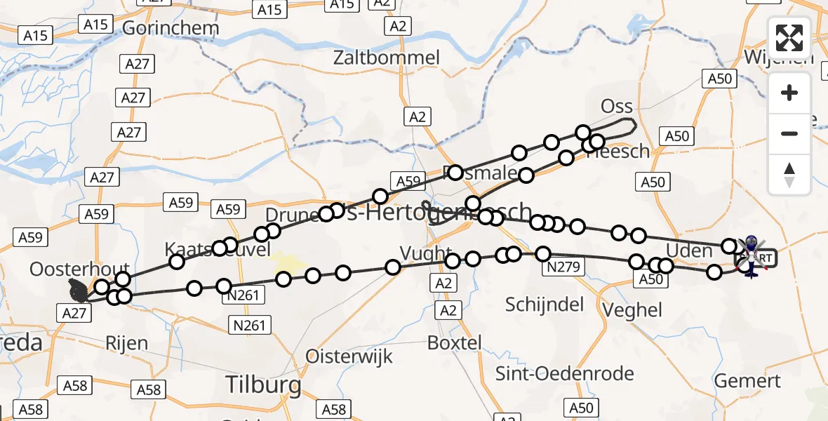 Routekaart van de vlucht: Politiehelikopter naar Vliegbasis Volkel, Vliegbasis Volkel