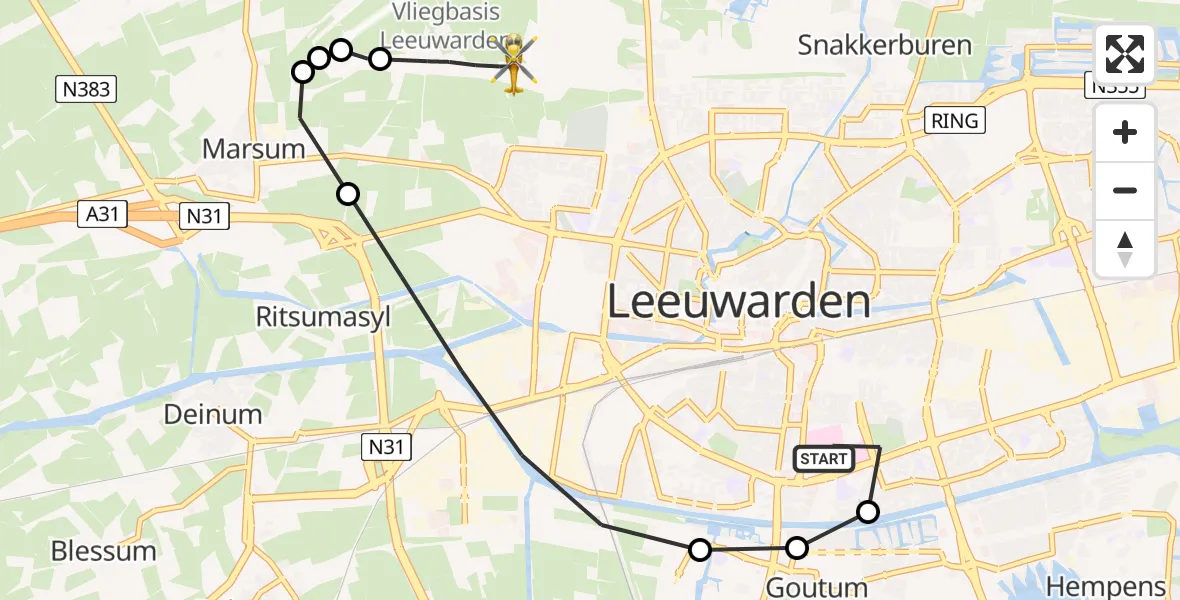 Routekaart van de vlucht: Ambulancehelikopter naar Vliegbasis Leeuwarden, Vliegbasis Leeuwarden