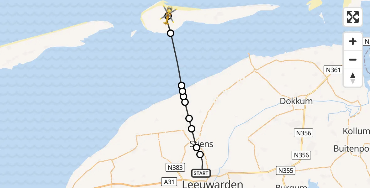 Routekaart van de vlucht: Ambulancehelikopter naar Ameland Vliegveld Ballum, Ameland Vliegveld Ballum
