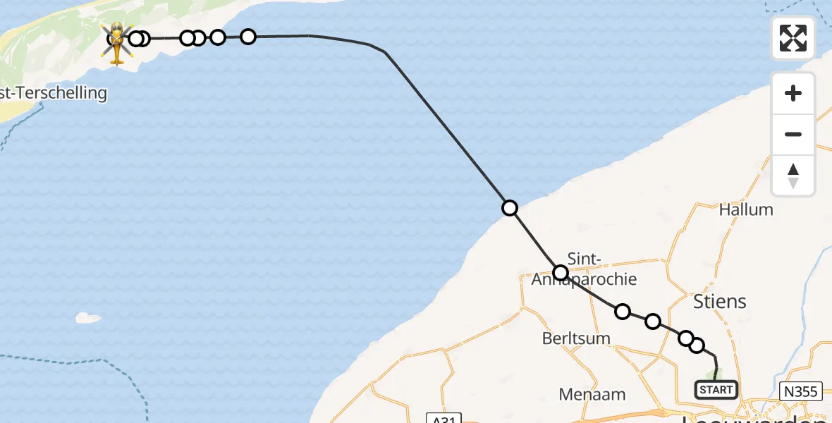 Routekaart van de vlucht: Ambulancehelikopter naar Terschelling Heliport, Terschelling Heliport