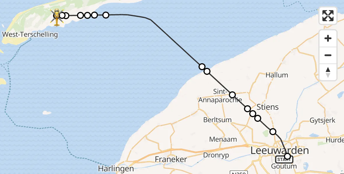 Routekaart van de vlucht: Ambulancehelikopter naar Terschelling Heliport, Terschelling Heliport