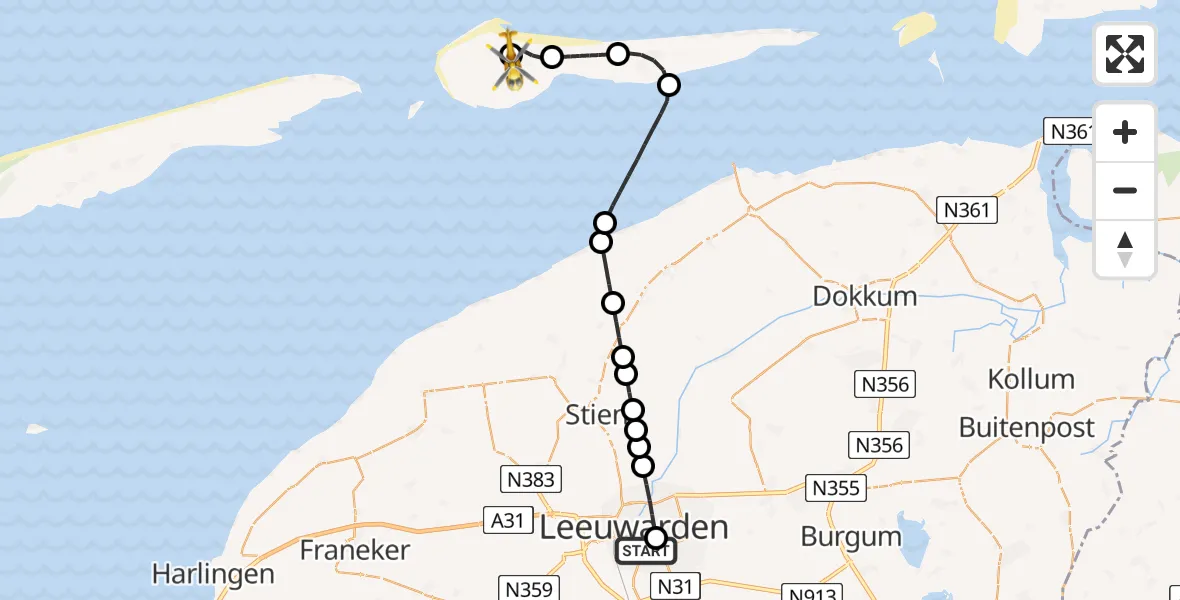 Routekaart van de vlucht: Ambulancehelikopter naar Ameland Vliegveld Ballum, Ameland Vliegveld Ballum