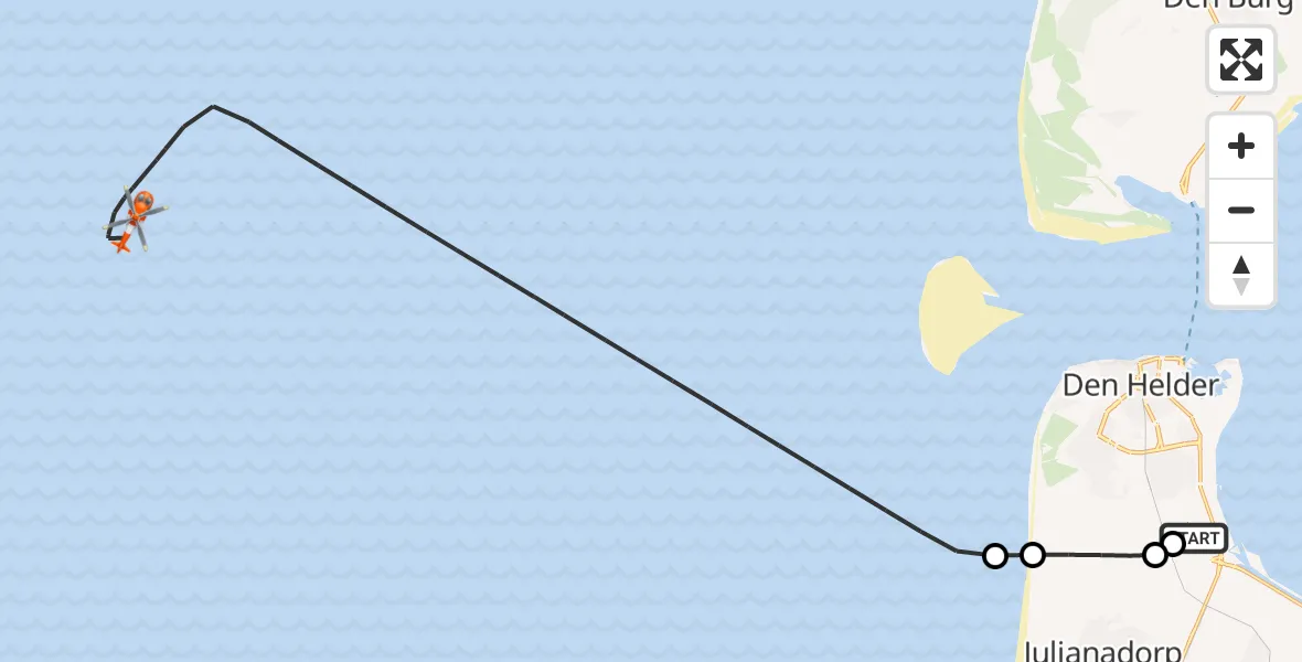 Routekaart van de vlucht: Kustwachthelikopter naar Noordzee, Noordzee
