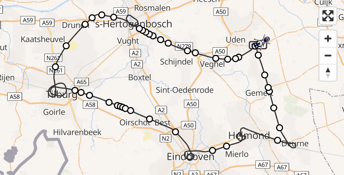 Routekaart van de vlucht: Politiehelikopter naar Vliegbasis Volkel, Vliegbasis Volkel