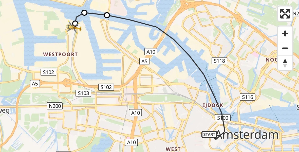 Routekaart van de vlucht: Lifeliner 1 naar Amsterdam Heliport, Amsterdam Heliport
