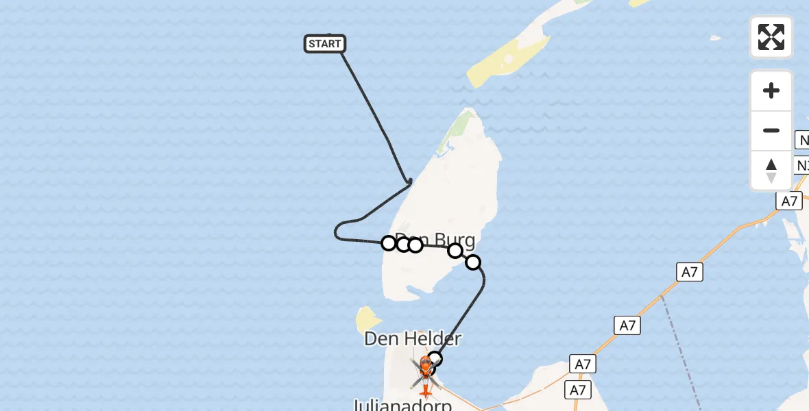 Routekaart van de vlucht: Kustwachthelikopter naar Militair vliegveld De Kooy / Den Helder Airport, Militair vliegveld De Kooy / Den Helder Airport