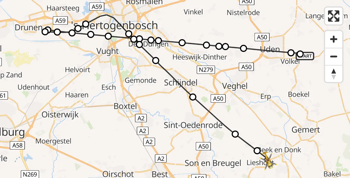 Routekaart van de vlucht: Lifeliner 3 naar Lieshout, Beekseweg