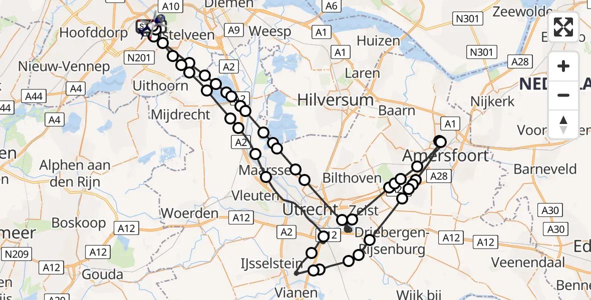 Routekaart van de vlucht: Politiehelikopter naar Amsterdam Vliegveld Schiphol, Amsterdam Vliegveld Schiphol