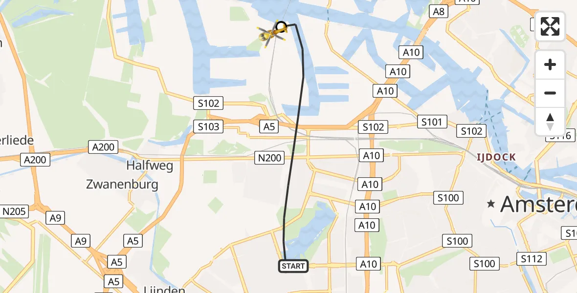 Routekaart van de vlucht: Lifeliner 2 naar Amsterdam Heliport, Amsterdam Heliport