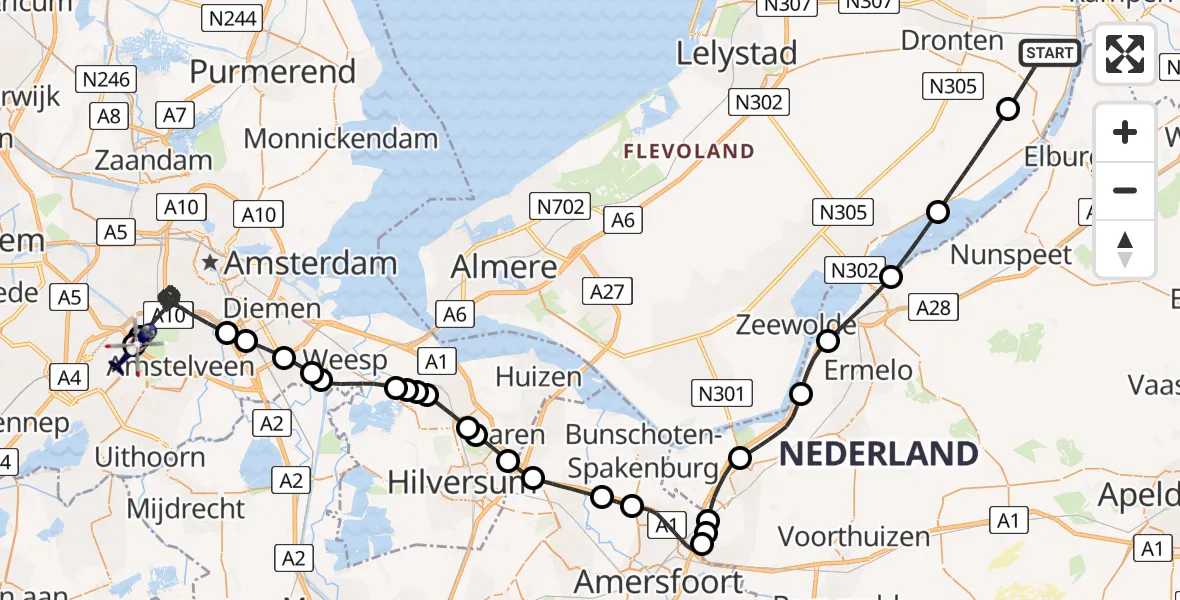 Routekaart van de vlucht: Politiehelikopter naar Amsterdam Vliegveld Schiphol, Amsterdam Vliegveld Schiphol