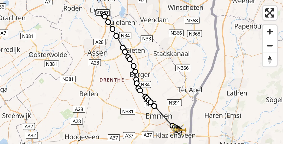 Routekaart van de vlucht: Lifeliner 4 naar Klazienaveen, Gantel