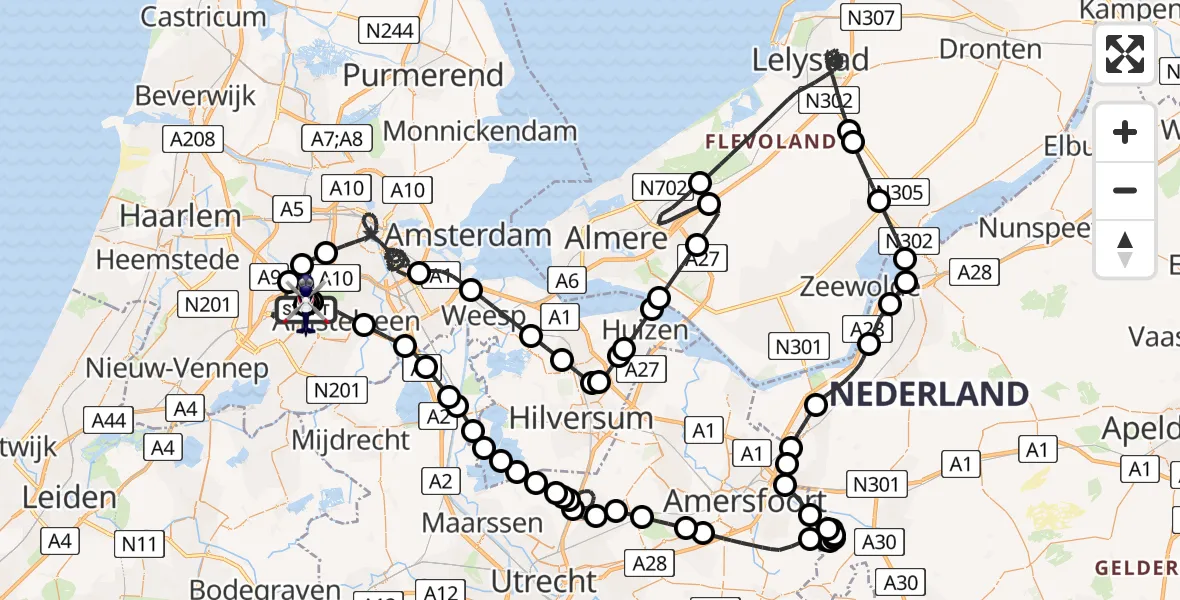 Routekaart van de vlucht: Politiehelikopter naar Amsterdam Vliegveld Schiphol, Amsterdam Vliegveld Schiphol
