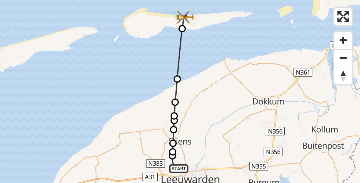 Routekaart van de vlucht: Ambulancehelikopter naar Nes, Strandweg