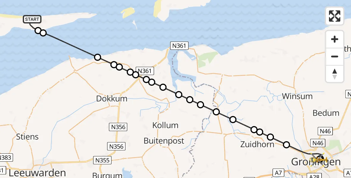 Routekaart van de vlucht: Ambulancehelikopter naar Universitair Medisch Centrum Groningen, Universitair Medisch Centrum Groningen