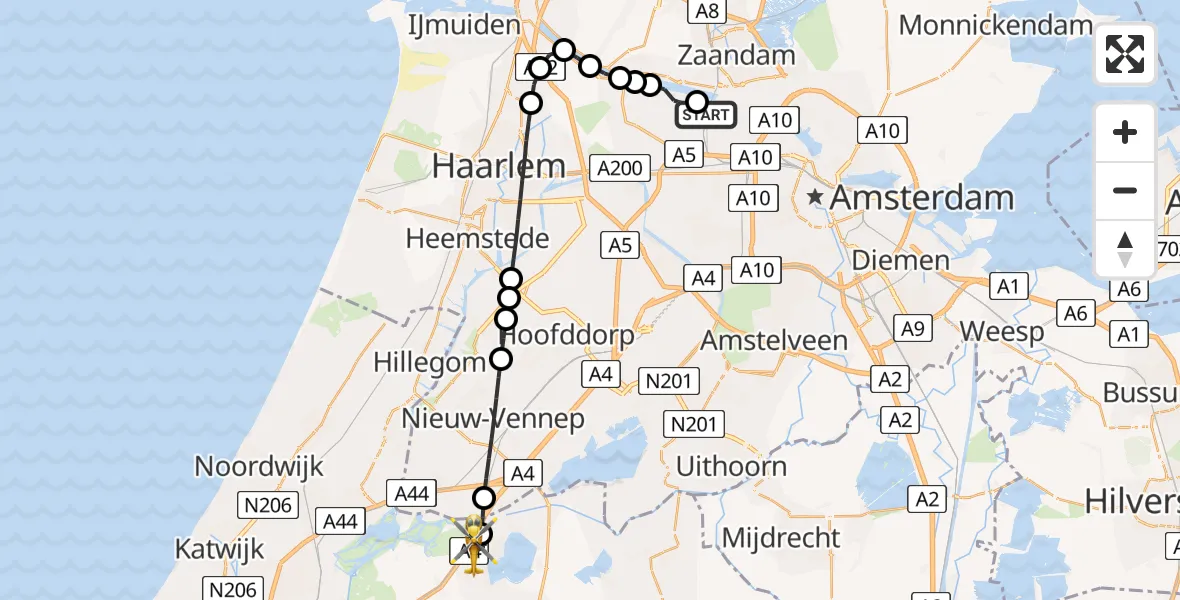Routekaart van de vlucht: Lifeliner 1 naar Roelofarendsveen, Westeinde