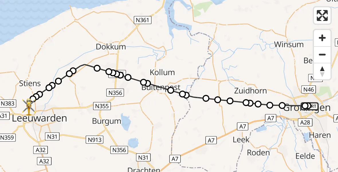 Routekaart van de vlucht: Ambulancehelikopter naar Vliegbasis Leeuwarden, Vliegbasis Leeuwarden