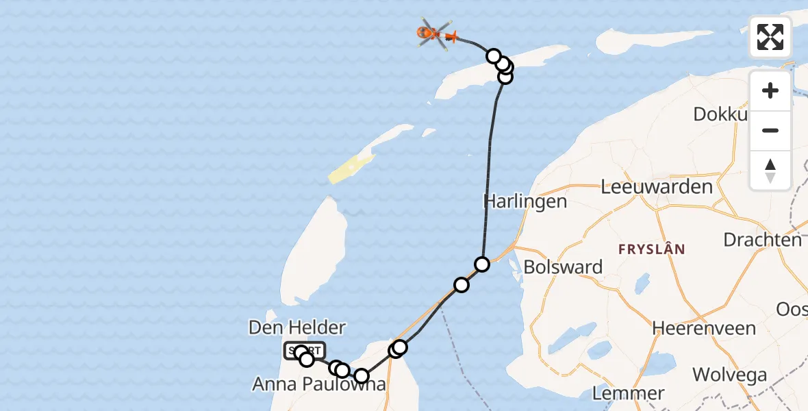 Routekaart van de vlucht: Kustwachthelikopter naar Noordzee, Noordzee