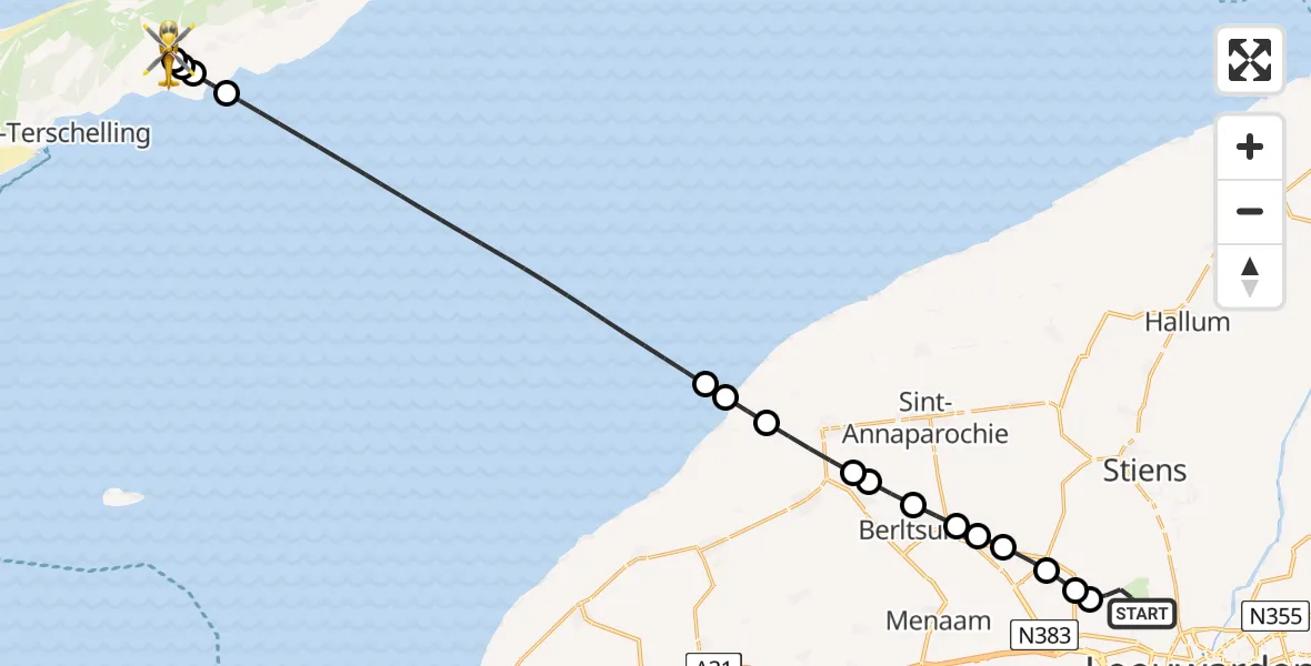 Routekaart van de vlucht: Ambulancehelikopter naar Terschelling Heliport, Terschelling Heliport