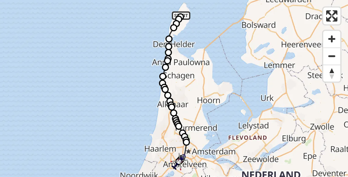 Routekaart van de vlucht: Politiehelikopter naar Amsterdam Vliegveld Schiphol, Amsterdam Vliegveld Schiphol